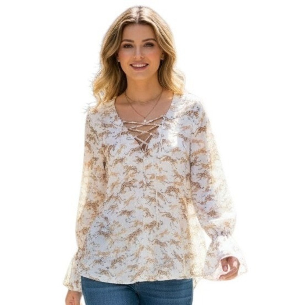 Show Me Your MuMu Cheetah Lace-up Front Womens size Medium Flowy Boho Casual Top